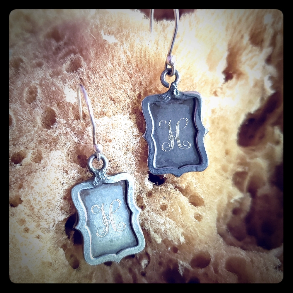 H Initial Engraved Antiqued Silver Dangle Earrings